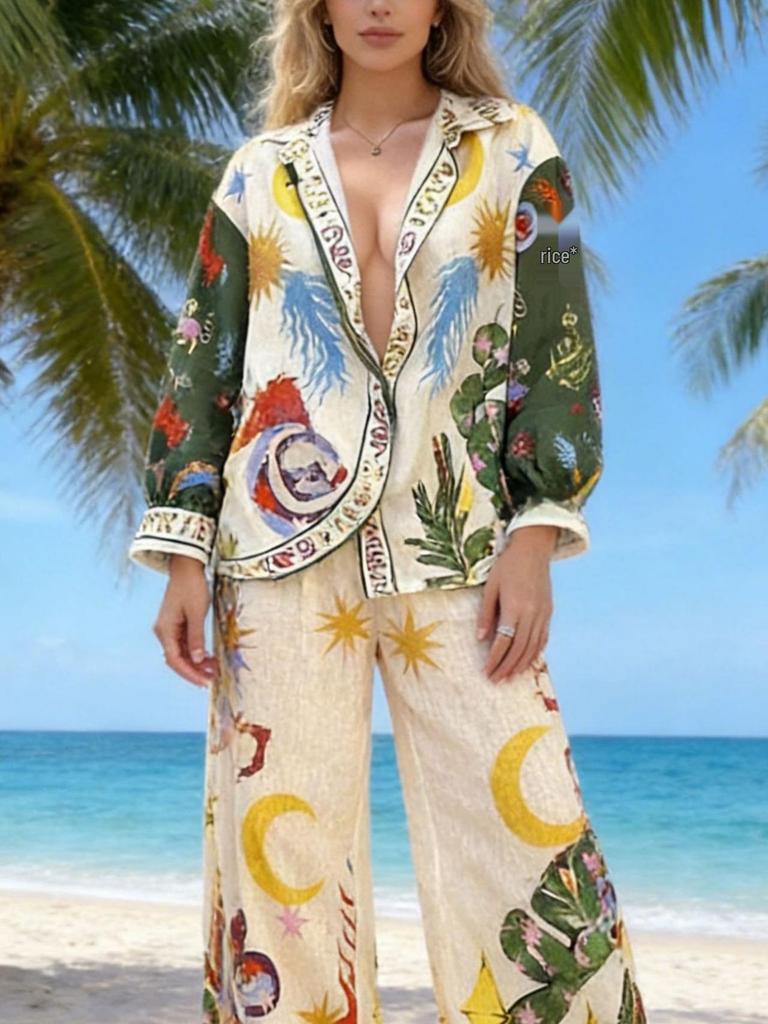 Spring/Summer Light Luxury Printed Cardigan & Casual Two-Piece Set - Women's European & American Style
