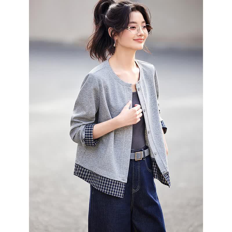 Women s Plaid Splicing Crew Neck Sweatshirt Jacket M