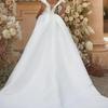 European & American Plus Size One-Shoulder Satin Wedding Dress with High Waist and Trailing Skirt