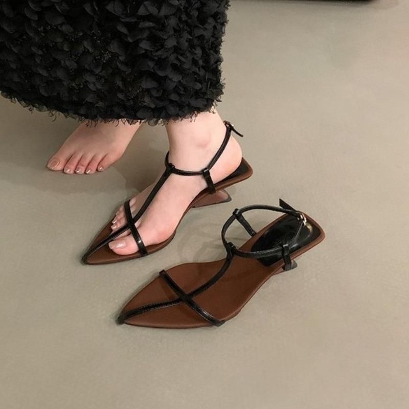 Fashion 205 New  Summer Womens Sandals Narrow Band Low Heels Shoes Fashion Pointed Toe Buckle Strap Zapatos De Mujer