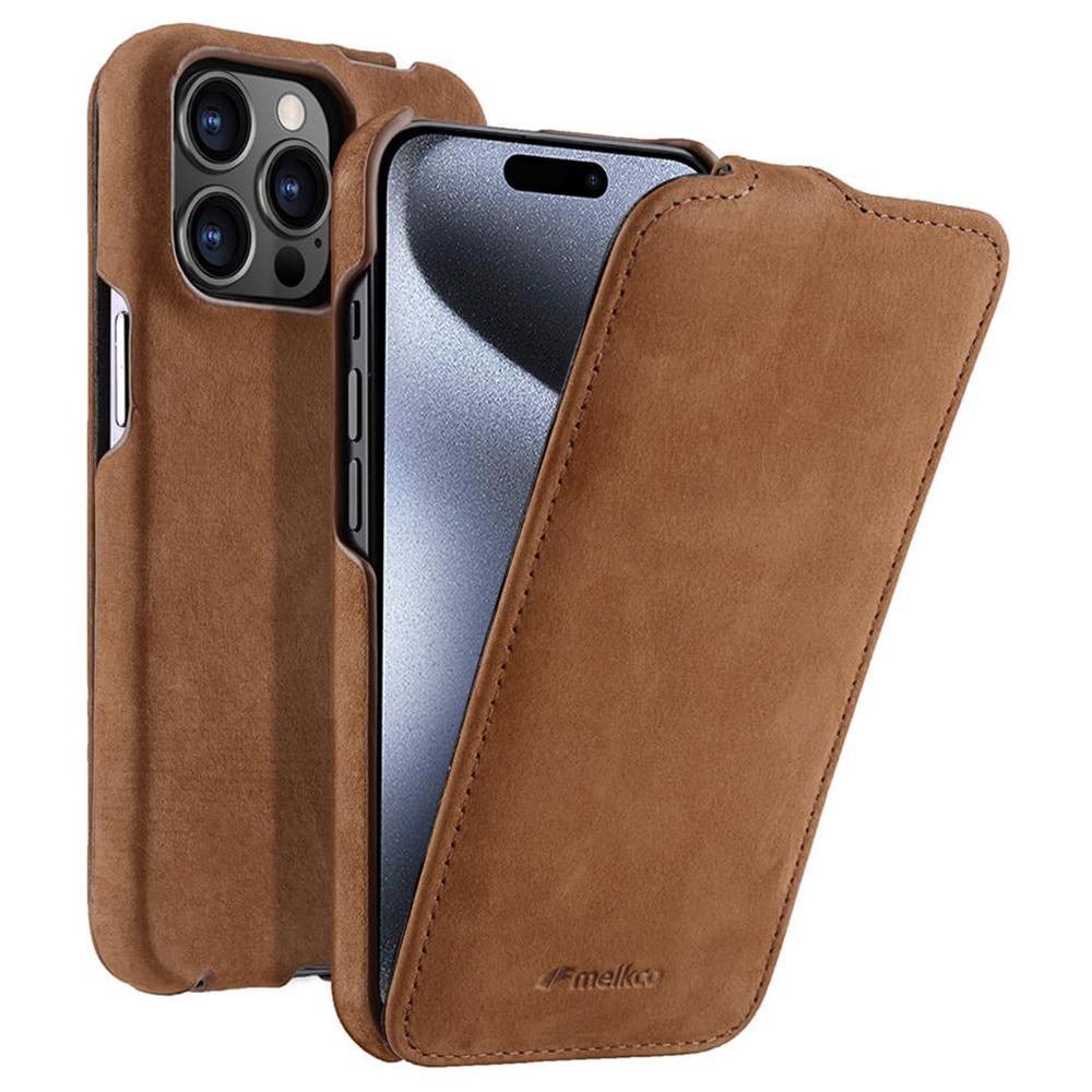 MELKCO For iPhone 15 Pro Max Case Litchi Texture Genuine Cow Leather+PC Vertical Flip Cover
