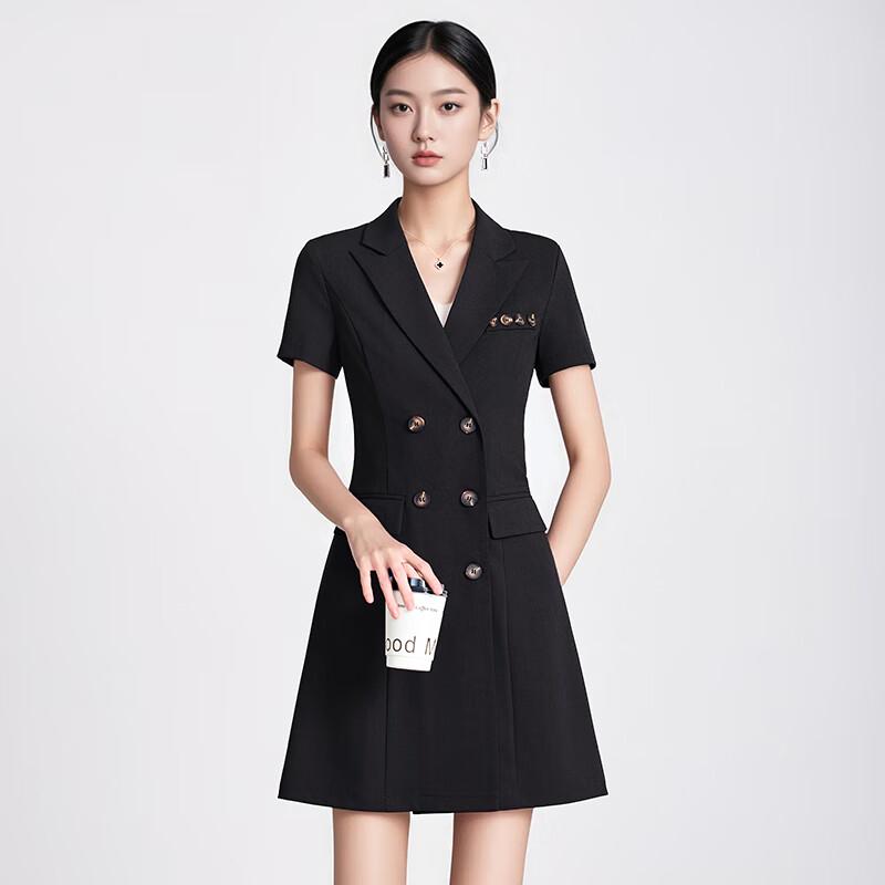 Trefloman Women's Double-Breasted Short-Sleeve Blazer Dress