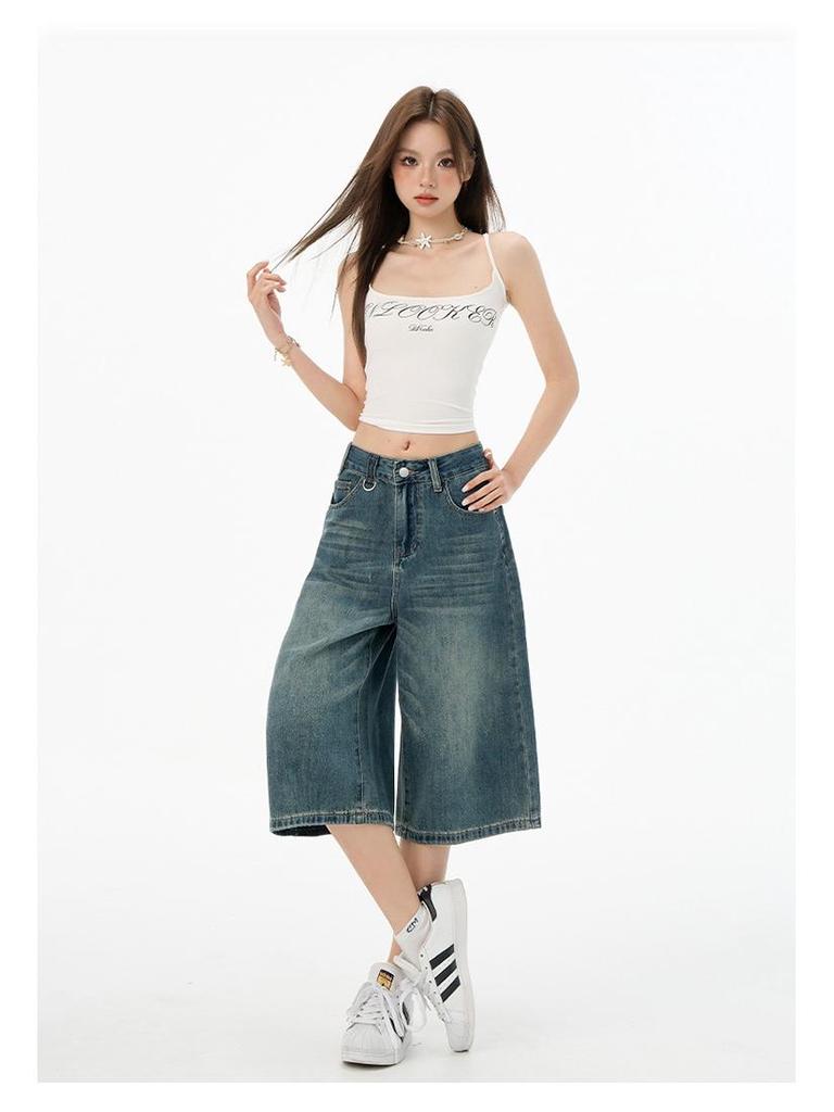 Women's 2025 Retro Wide-Leg Denim Jeans: Trendy, Versatile, Mid-Length Summer Pants