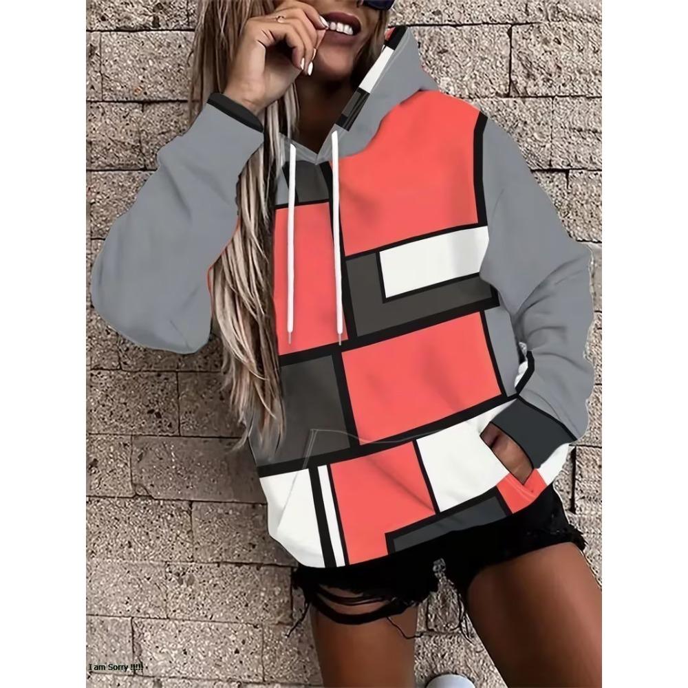 3D Retro Striped Print Casual Pullover Women Long Sleeve Kangaroo Pocket Drawstring Hooded Sweatshirt Personalized Women Hoodie