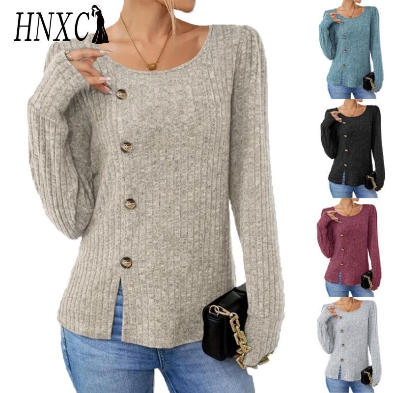 HNXC Women's Fashion Casual Solid Color Print Long Sleeve O Neck Blouses & Shirts