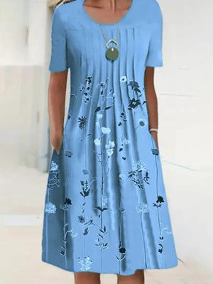 Frühlings- und Sommerkleid mit Blumenprint, Rundhalsausschnitt, Tasche, mittellang für Damen