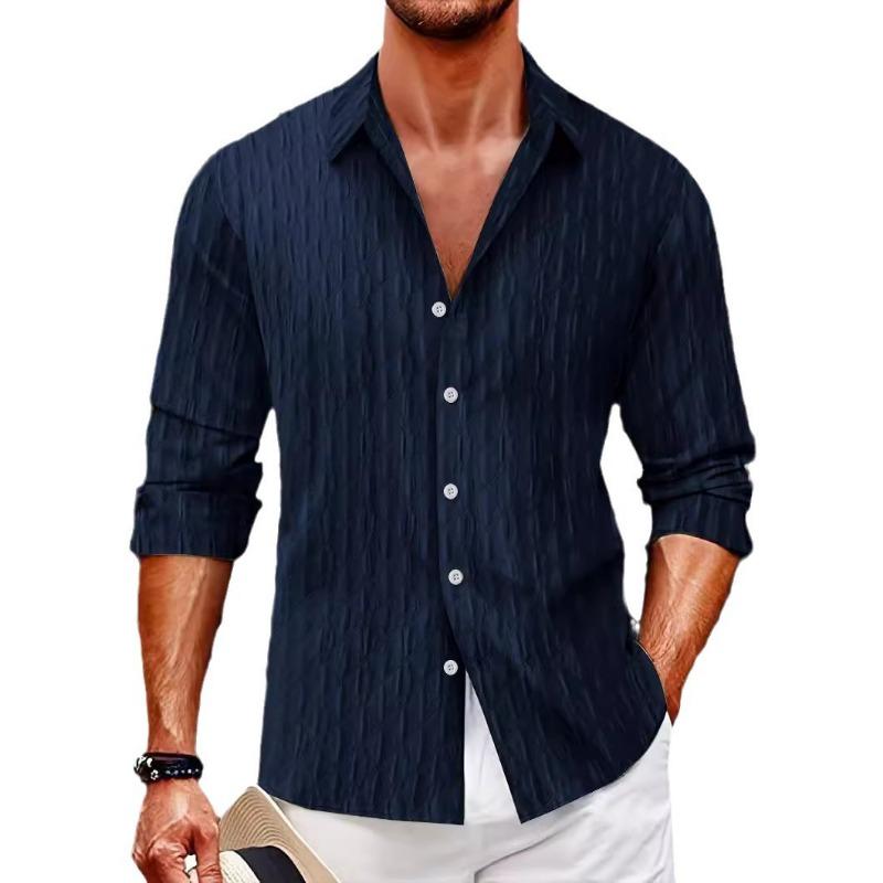 Camisa de Manga Larga a Cuadros Jacquard con Cuello Camisero de Solapa de Botón Único