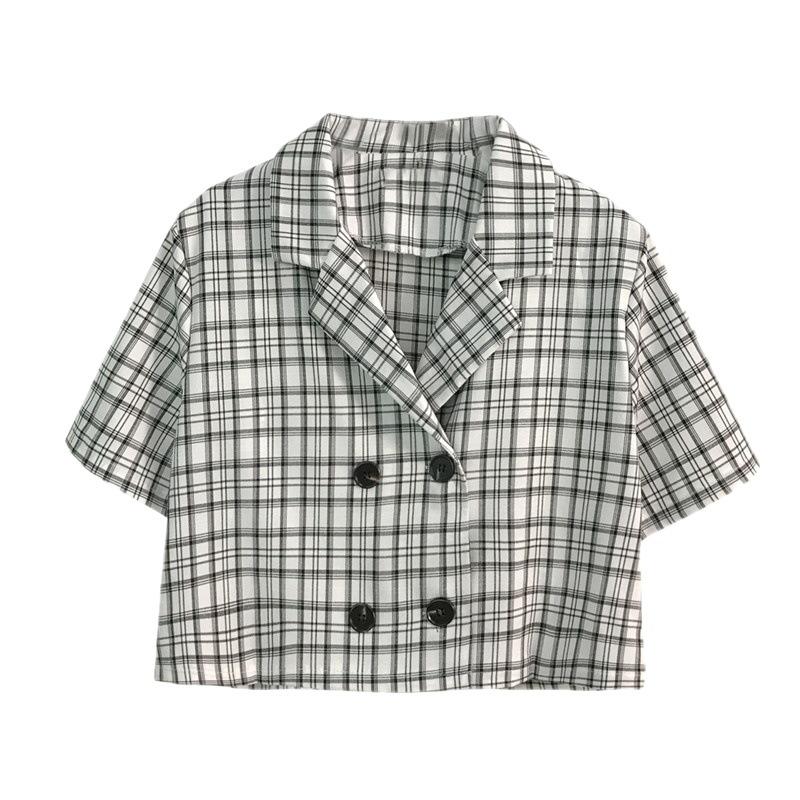 Plaid Suit Collar Short-sleeved Shirt Small Jacket Korean Style Temperament Short Slim Top Women's Trend