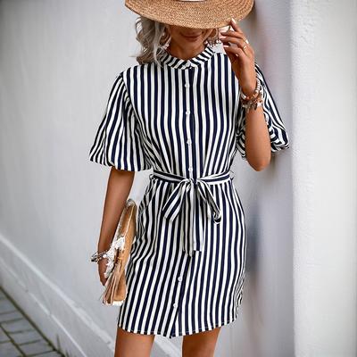 2025 New Shirt Skirt, Versatile, Lotus Leaf Sleeve Stand-up Collar Vertical Striped Dress