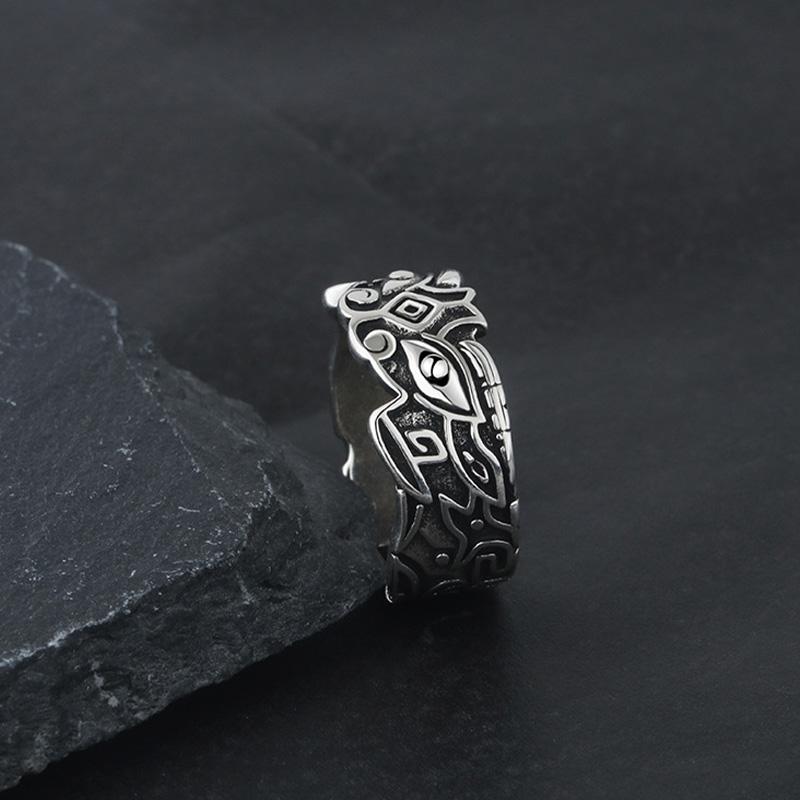 Retro Taotie Chinese Mythology Ring For Men Punk Gothic Rock Hiphop Open Ring Handmade Designer Zircon Accessories Unisex Gift
