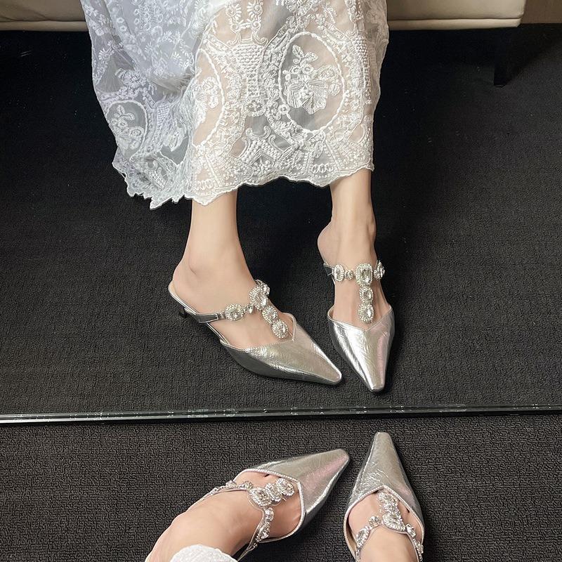 Beautiful Silver Half Slippers Celebrity Rhinestone T-belt Hollow Bag Head Sandals Temperament High Heels