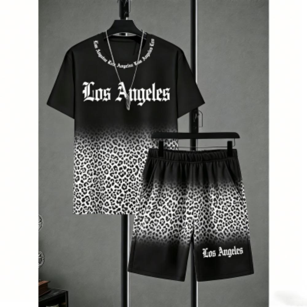 Fun Men's Set Leopard Colorful Printed Men's T-shirt and Shorts 2 Piece Set Summer Casual Outdoor Men's and Women's T-shirt Sets