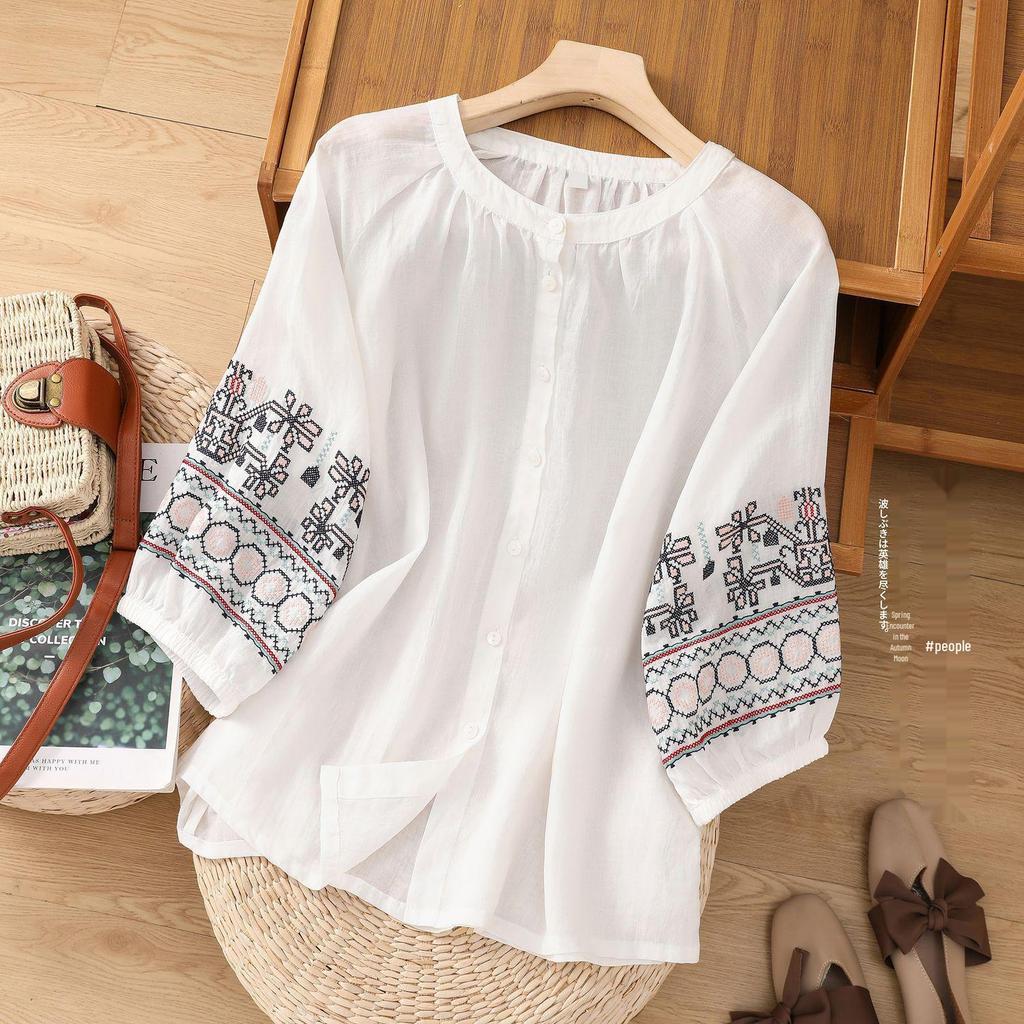 Women's Retro Embroidered Cotton-Linen Lantern Sleeve Shirt (Spring/Summer 2024)