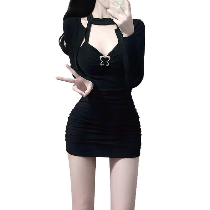 Black Two-Piece Sexy Outfit: Figure-Hugging Short Skirt, Cardigan, and Halterneck Camisole Bodycon Set