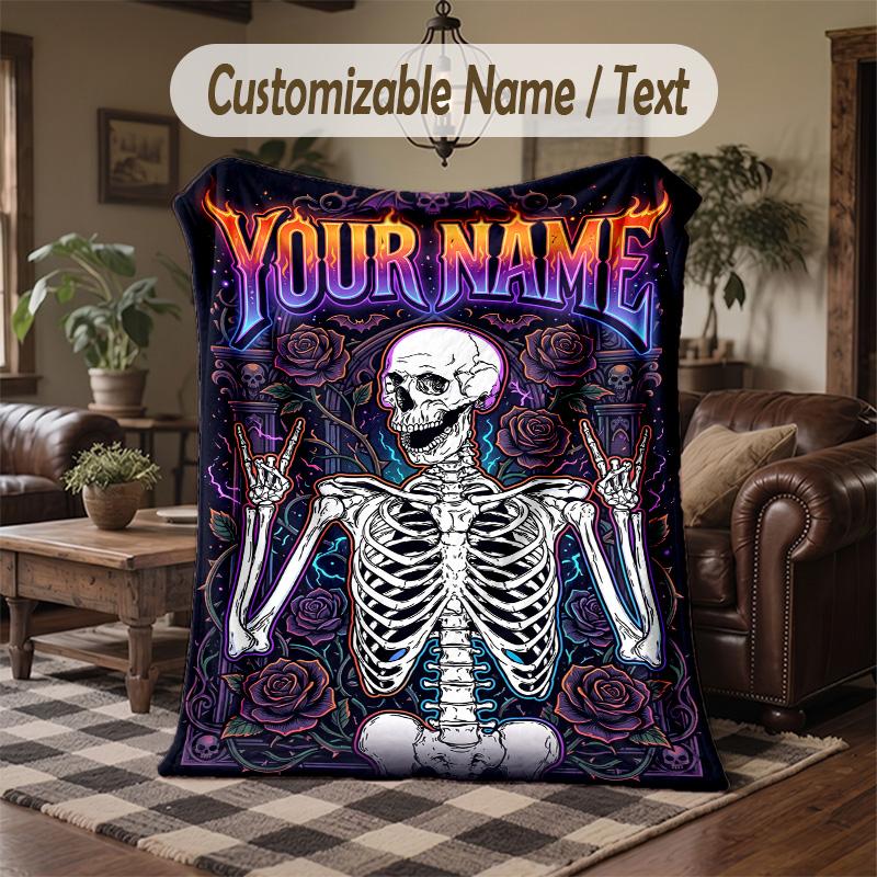Skeletal Coffee Enthusiast Theme Throw Blanket Custom Name Text Personalized Blanket Soft Cozy Blanket for Home Sofa Bed