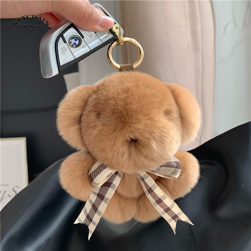 Cute Real Rex Fur Key Chain Bears Stuffed Plush Toy Mini Bear Doll Toy Keychain Bag Car Pendant Children Birthday Party Gifts