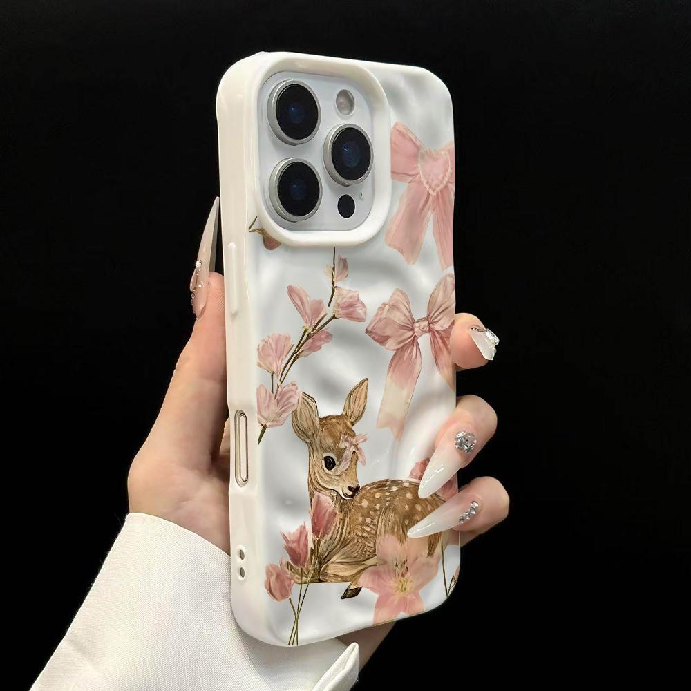 Retro Bow Sika Deer Pattern Phone Case For IPhone 17 16 15 14 13 12 11 Pro Max 14 Plus 17Air Wrinkle Wave Soft Silicone Cover