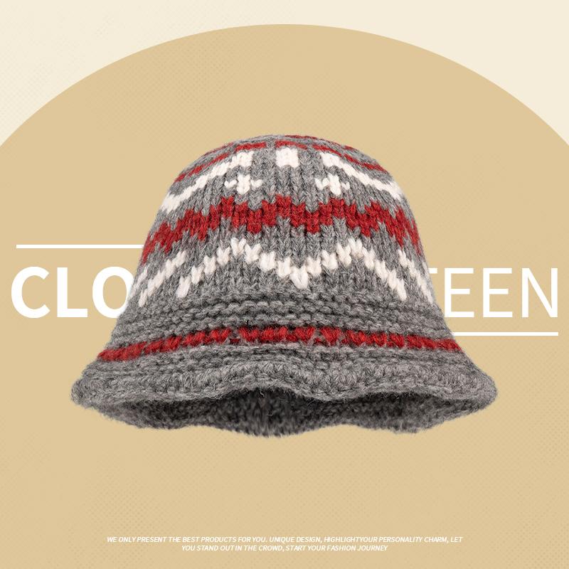 Vintage mixed-color knitted pattern hand-woven wool hat women's winter warm crimped ear hat women