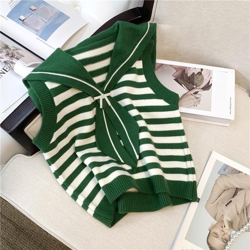 New Chic Korean Fashion Striped Waistcoat Knitted Vintage Sweaters Women Autumn Winter Casual Lady Vests