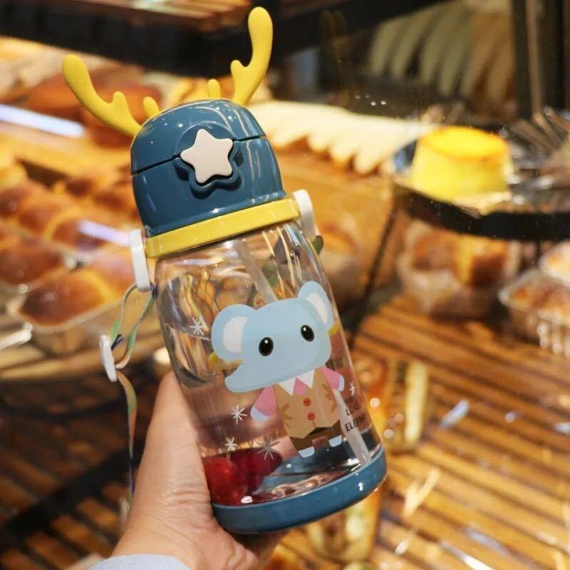 Water Bottle Children's Water Cup Kindergarten Primary School Student Baby Anti-drop Cup Cute Girl Student Antler Kettle with Straw