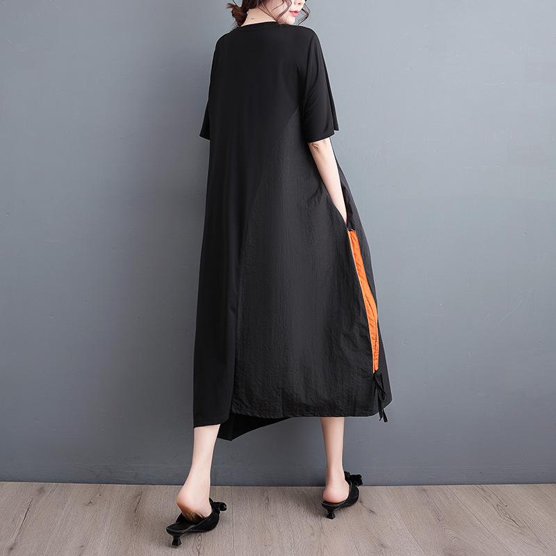 Summer New Loose Casual Embroidered Dress Color Block Hem Drawstring Slimming Women's Fashionable Artistic Clothing Dress