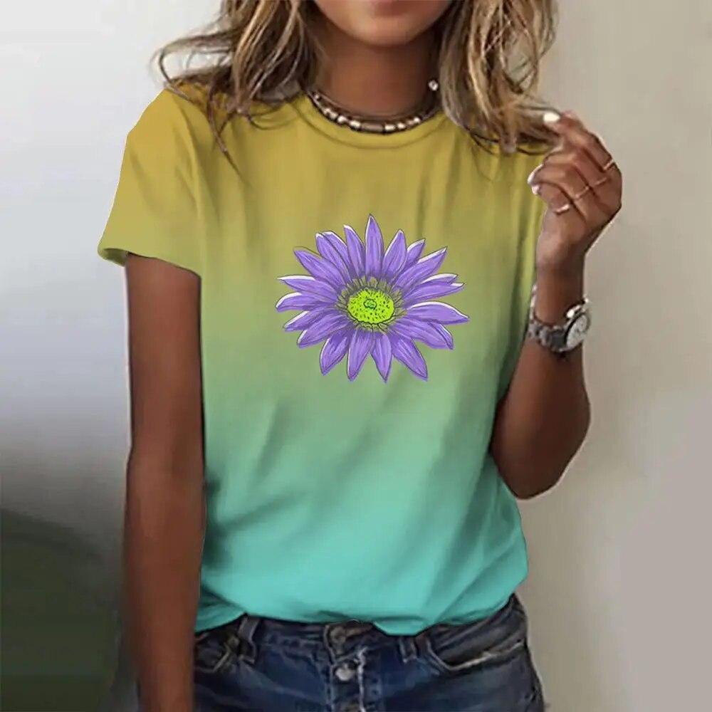 Fashion Floral Pattern 3D Digital Printing Women's Comfortable Round Neck Short Sleeved T-shirt