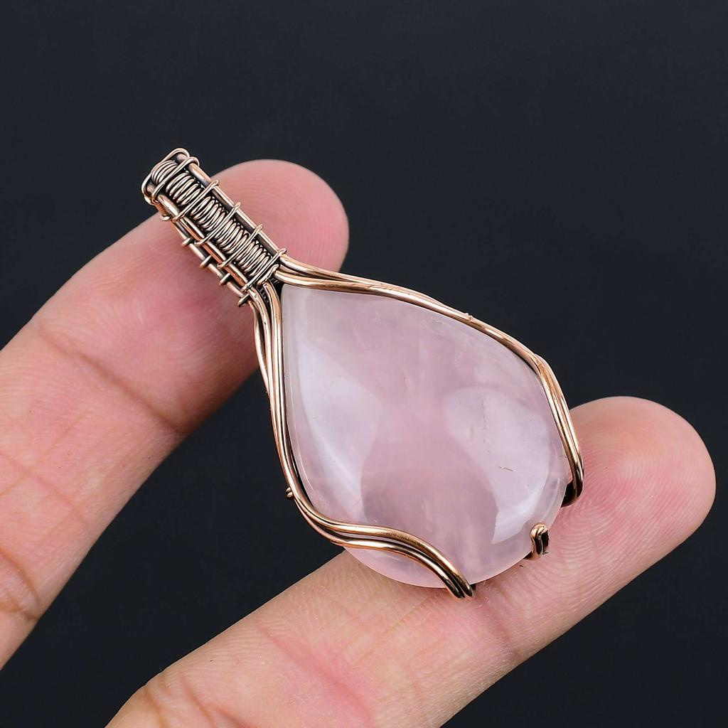 Rose Quartz Gemstone Pendant | Oxidized Copper Wire Wrapped | Necklace Pendant | Handmade Copper Pendant Jewelry Gift For Her/himLC-305