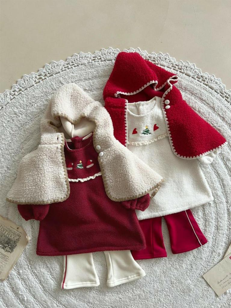 Infant Girls' Winter Lace Plush Princess Dress with Christmas Embroidery