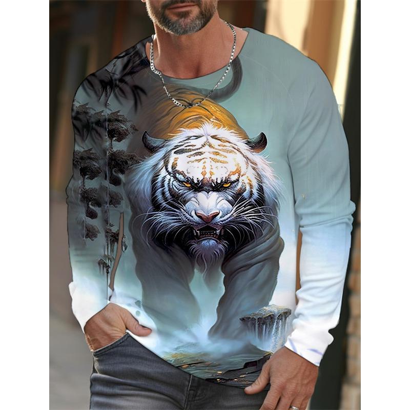 Tiger Print Pullover Autumn Men's Casual Long Sleeve T-shirt Top Round Neck Sweatshirt Streetwear Harajuku Men's Wear