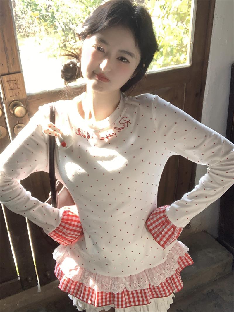 

Sweet Korean Style Plaid Lace 3D Rabbit Base Layer Top T-Shirt for Women (2026) One Size