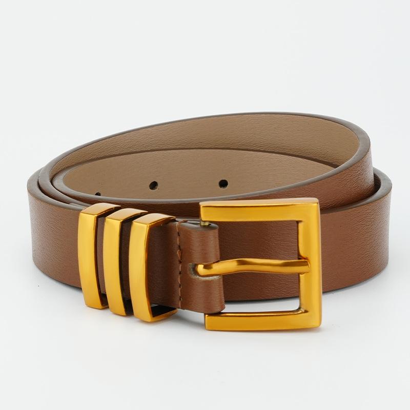 Women's 2.4cm Alloy Solid Electroplated Pin Buckle Black Brown Slim Retro Cowhide Belt