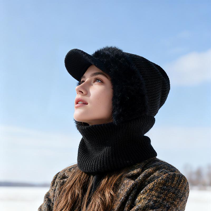Autumn Winter Knitted Hat Scarf One-Piece Velvet Two-Piece Cap Warm Face-Covering Cold-Proof Wool Cap
