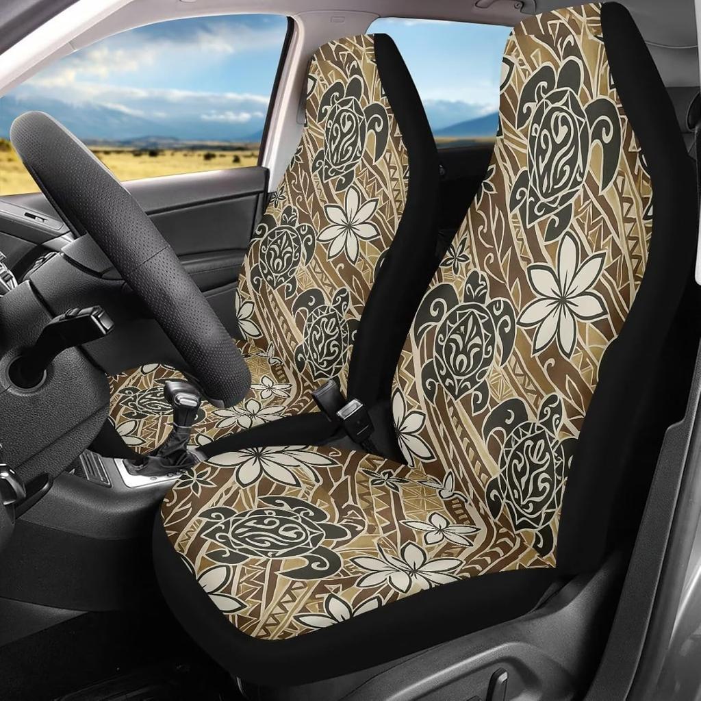 Bulopur Multicolor Polyester Universal Fit Car Truck SUV Van Automotive Seat Covers, 2pcs Front, Hibiscus Floral & Sea Turtle Print