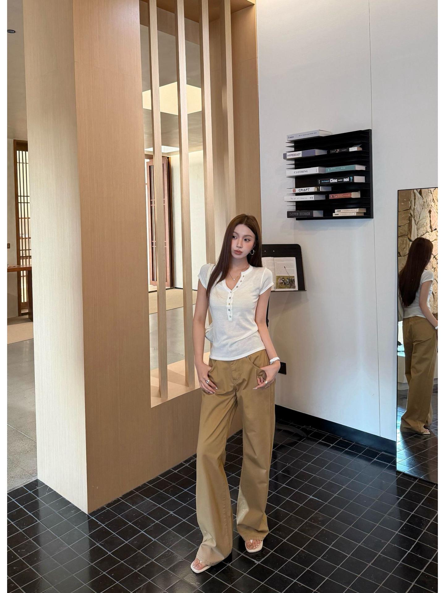 Lu Sheng Unisex Retro Slim-Fit A-Line Slightly Flared Straight-Leg Casual Pants XL