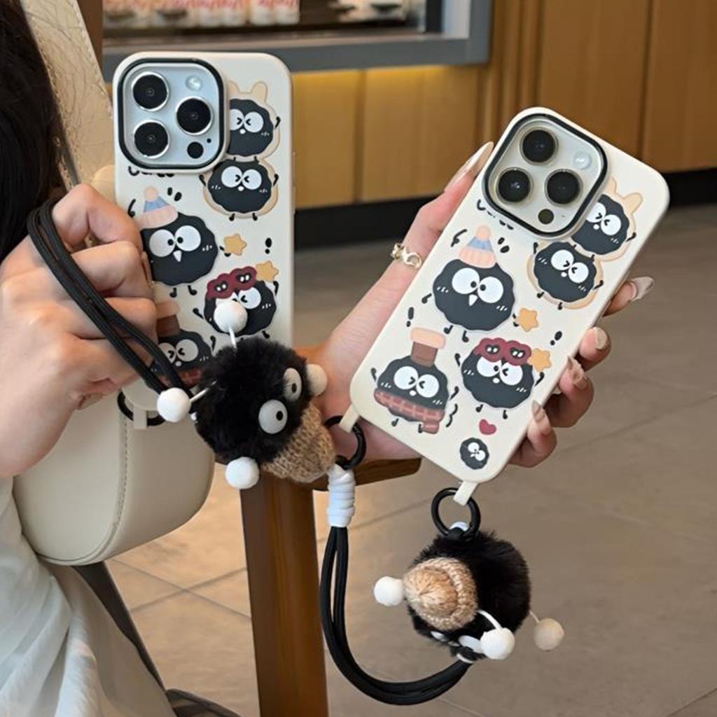Lanyard Card Holder Mobile Phone Case Black Briquettes for Apple 17PROMAX Small Fresh Ins Cartoon Lanyard Mobile Phone Case