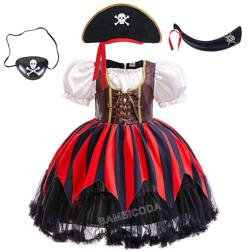 Halloween Capitaine Jack Sparrow des Caraïbes Costume Cosplay Fête de Carnaval Filles Déguisement Pirate Cape de Pirate Accessoires 150(9-10T) red