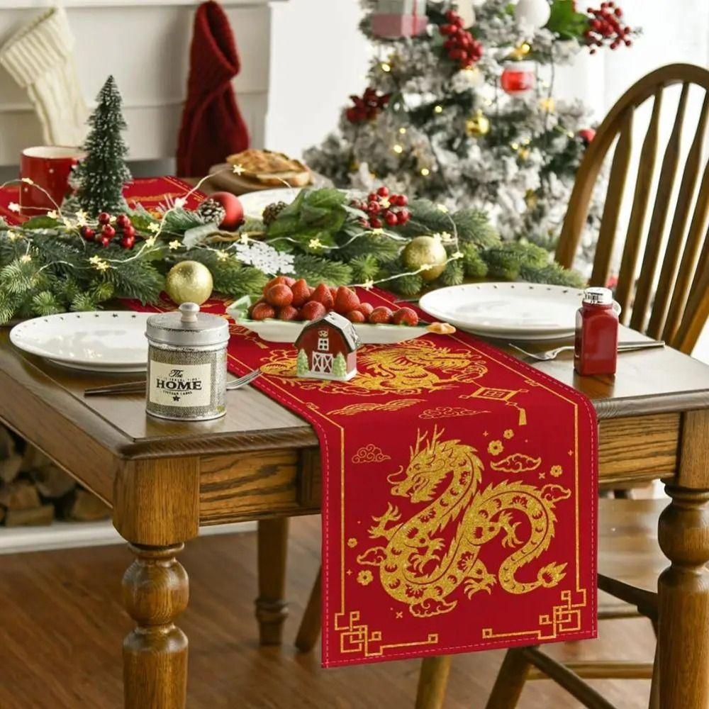 

Chinese style Zodiac Dragon Table Runner Gold Dragon Table Cover Table Cloth for 1pcs/4pcs New Year