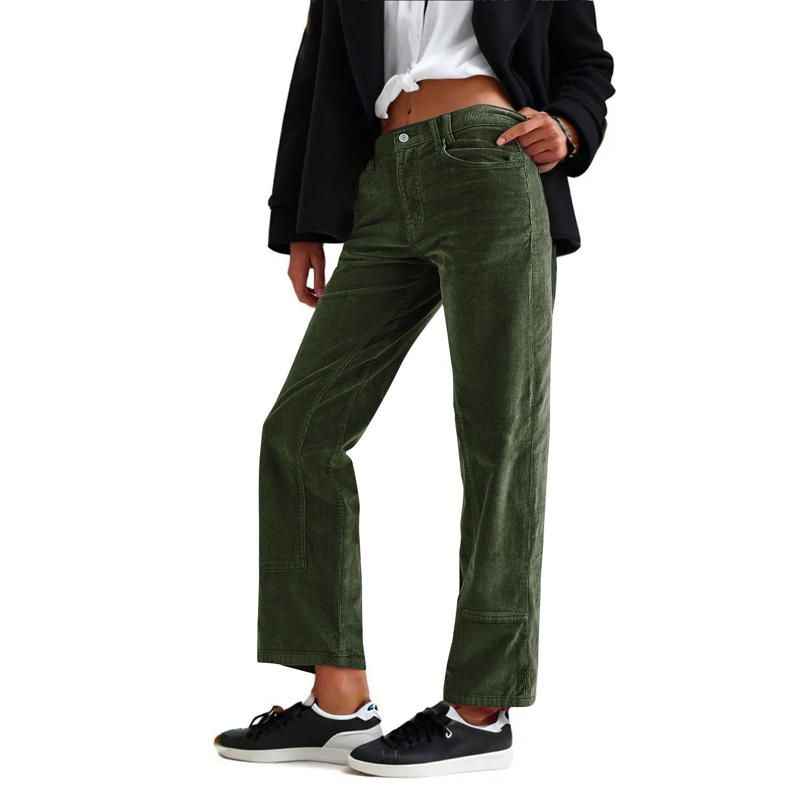 

Вельветовые брюки для женщин, повседневные, с эластичной талией, прямые брюки, свободные, удобные брюки с карманами XL зелёный