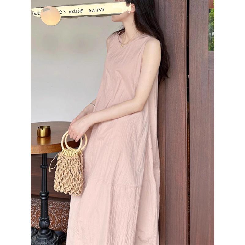 French high-end pink sleeveless vest dress women's summer seaside vacation loose and thin temperament beautiful long dress