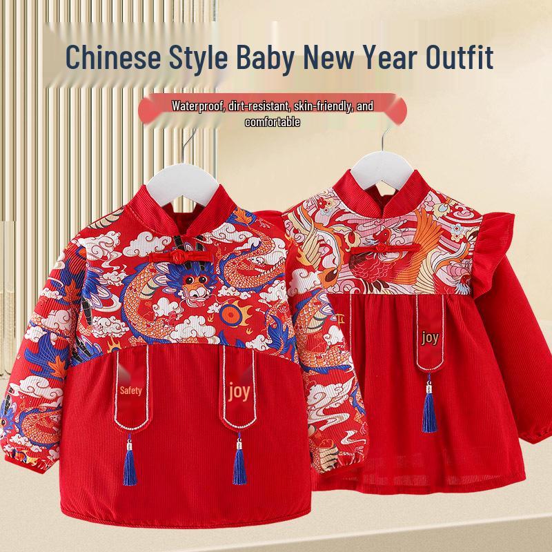 Children's Chinese-Style Corduroy Coverall: Waterproof, Dirt-Proof, Reversible Tang Suit Apron for Boys & Girls, Ideal for Autumn and Winter.