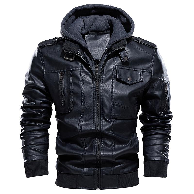Lässige Lederjacke für Herren, warm, winddicht, Kunstleder, Motorrad-Bombermantel, modisch, PU-Leder, mit Kapuze, Piloten-Oberbekleidung, Jacken, EURO-Größe