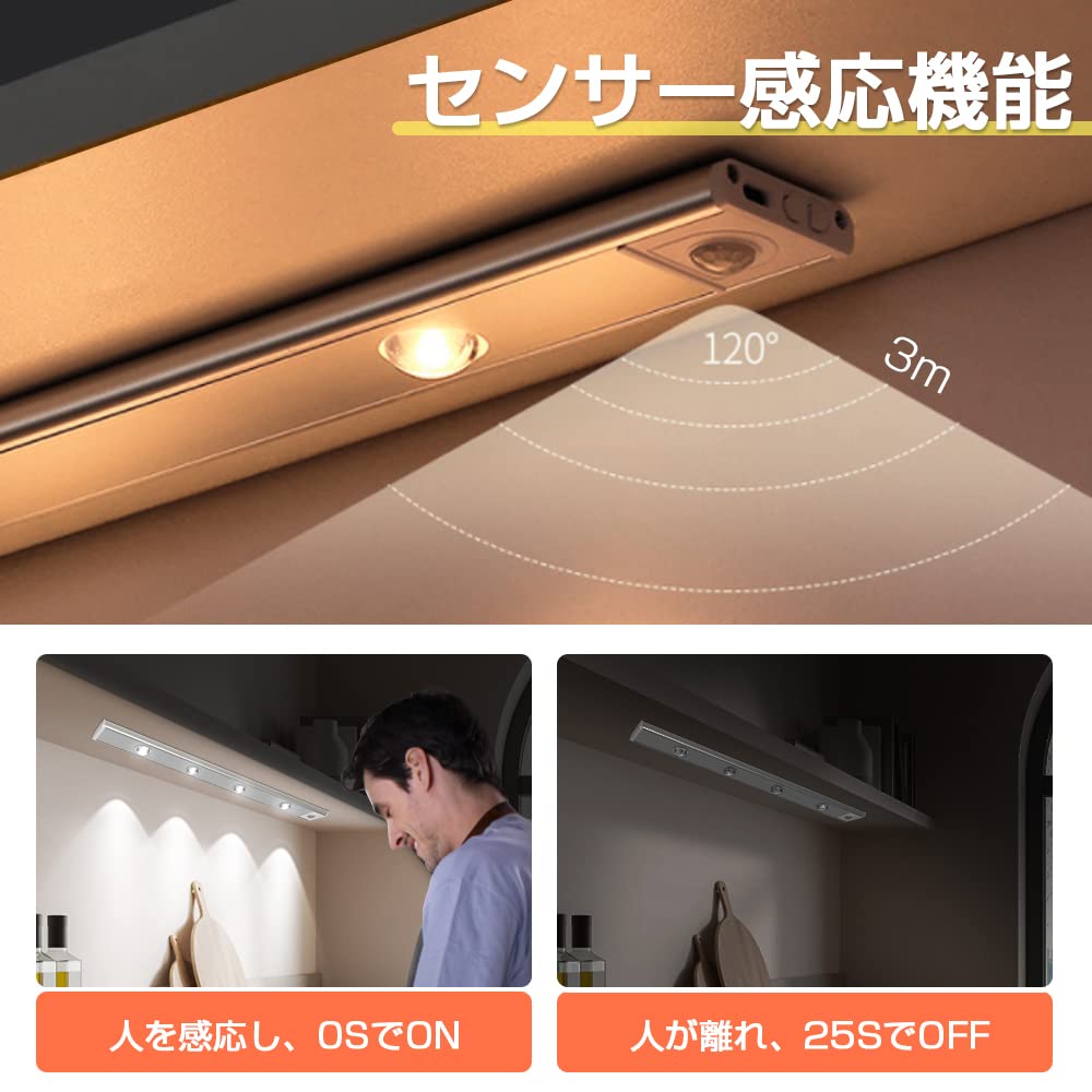 HAIKUSOUBI Bewegungssensorleuchte, 60cm LED Innenleiste, Lichtsensor, USB wiederaufladbar, Drei Farbtemperatureinstellungen (Weiß, Tageslichtweiß,