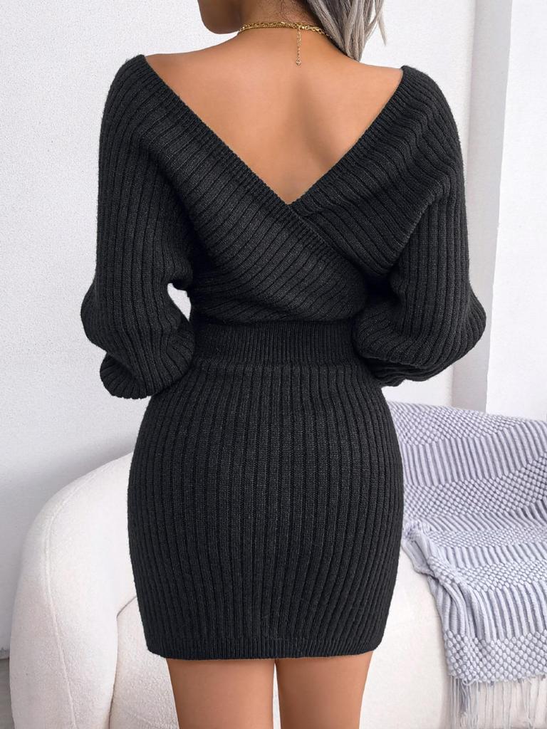 Svetrové šaty s výstřihem do V a křížením, jednobarevné, elegantní, s dlouhým rukávem, bodycon, volné šaty, ležérní netopýří šaty