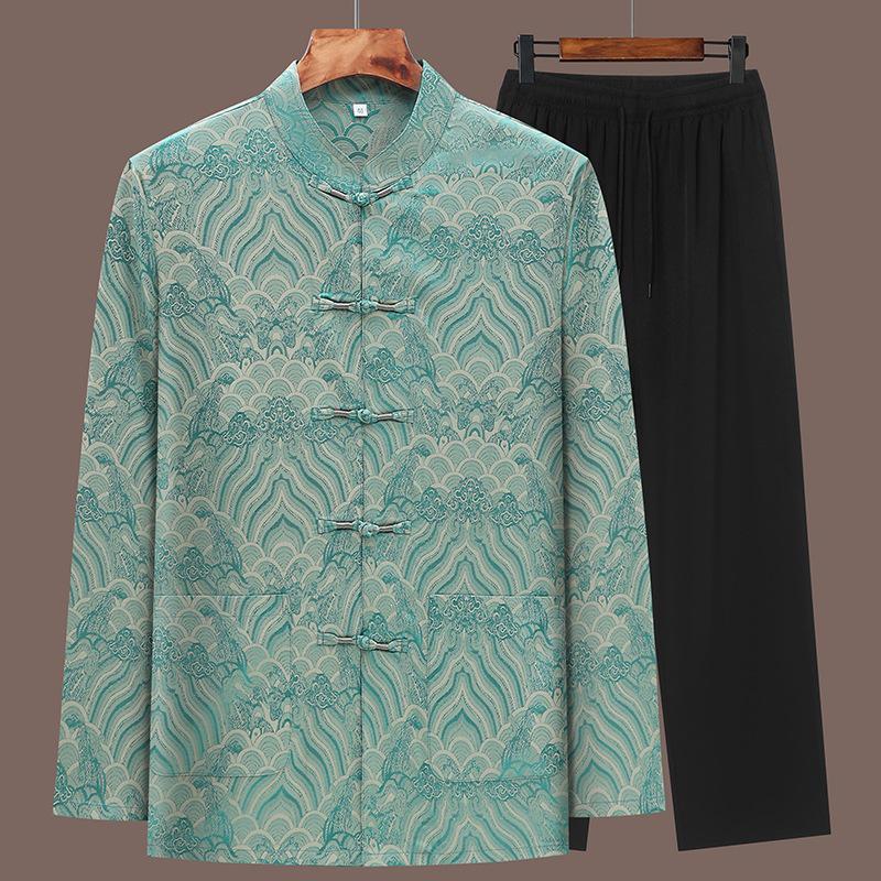 Summer Cross-Border Tang Suit Set: Lightweight Long Sleeve & Pants for Middle-Aged and Elderly Men