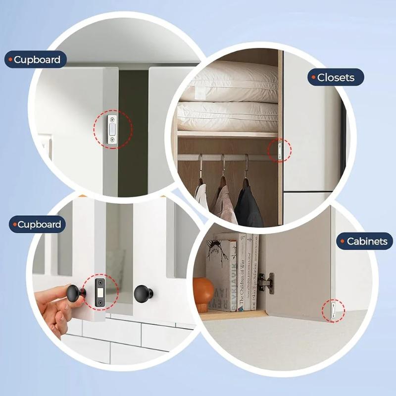 Ultra Thin Magnetic Cabinet Catches-Strong Hold Adhesive Mount No Drill Latch for Kitchen Drawer&Closet Door, Adjustable Stopper