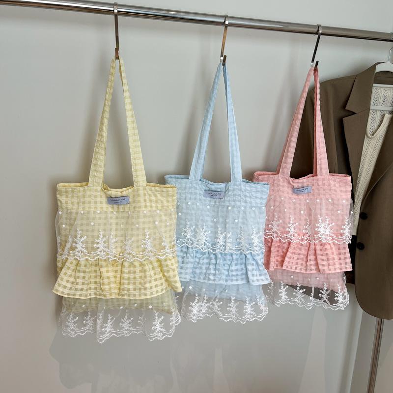 Vintage Mori Women's Style Heavy Industry Lace Splicing Cotton and Linen Shoulder Bag 25 Summer Handbag Bag Large Capacity Handbag
