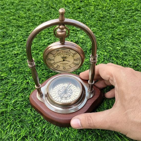 Brass Antique Nautical Vintage Style Victoria Table Clock with Compass On Wood Base Best for Home, Office Decor.