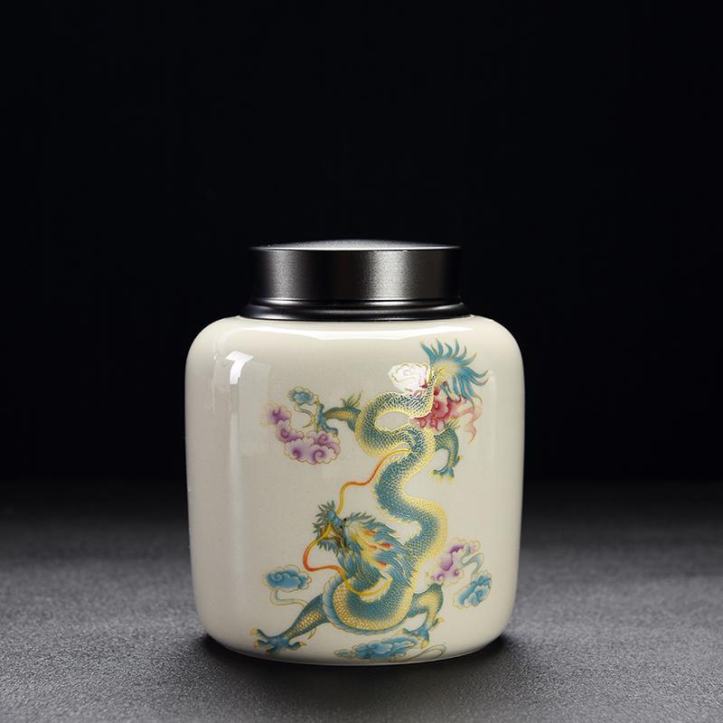 Creative Alloy Sealed Tea Can Ceramic Dragon and Phoenix Pattern Storage Jar Home Coffee Beans Candy Jar Home Decoration Modern