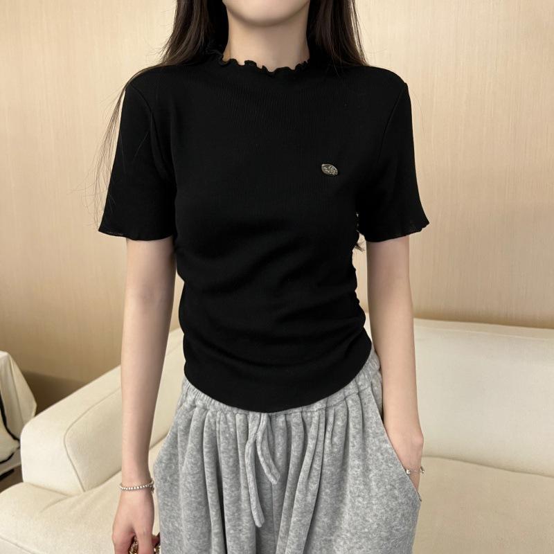 

Summer Slim Ruffle Neck Design Sense Pullover Short Knit Short Sleeve Top T-Shirt Casual Summer Essential Comfort and Style Slim Fit Pullovers Tees One Size чорний