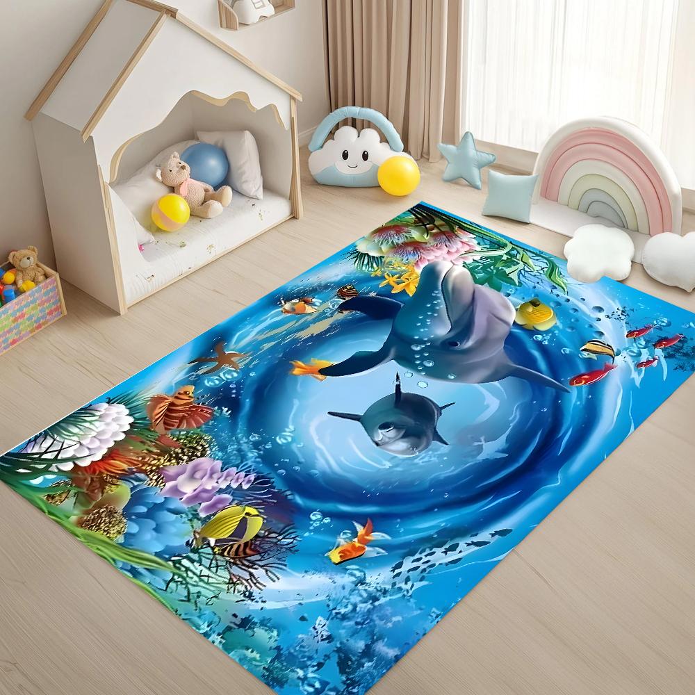 Ozean Delfine Teppich Tiefsee Korallenfisch Muster Weiche Rutschfeste Fußmatte Wohnzimmer Schlafzimmer Kinder Heimdekoration Teppich